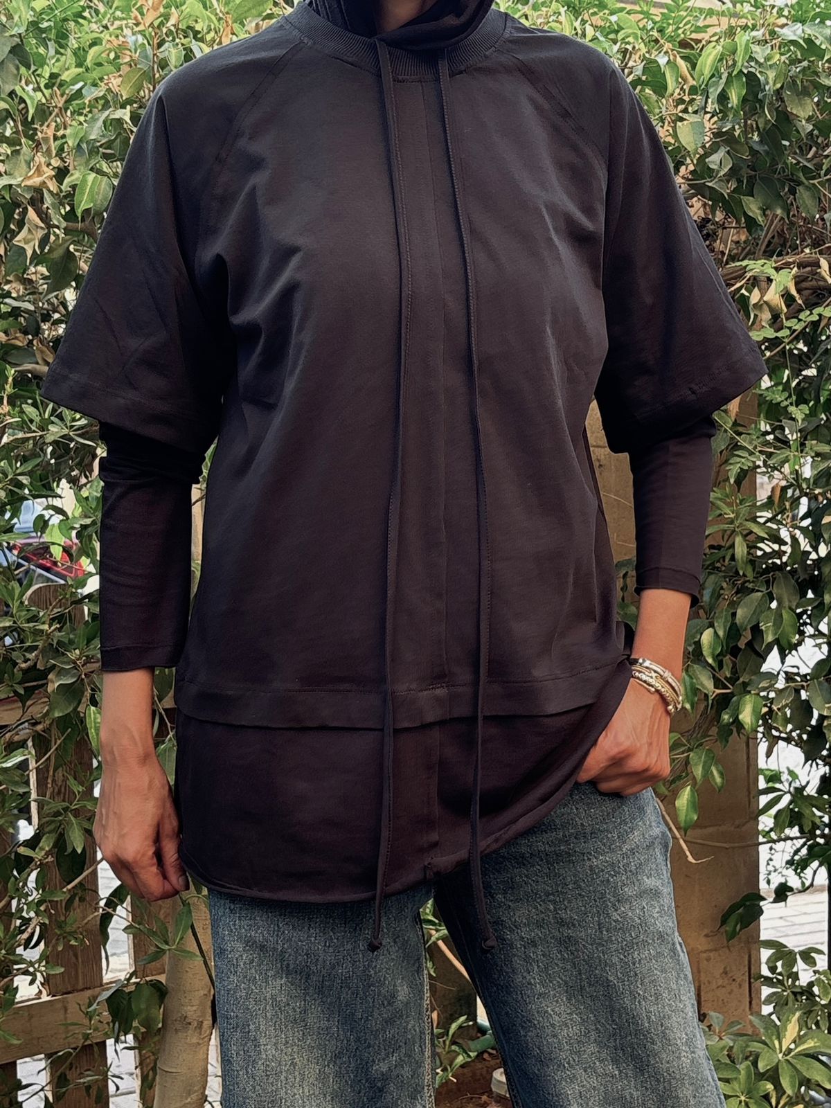 Double Sleeves Cotton Top in Black