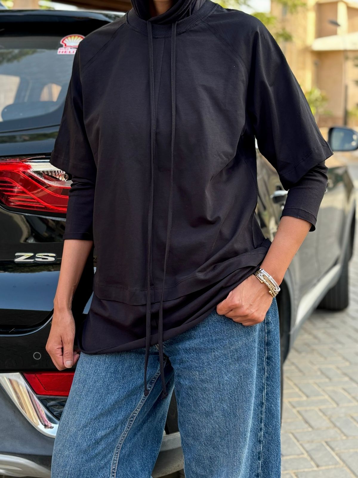 Double Sleeves Cotton Top in Black