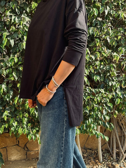 One size basic cotton hoodie Top in Black