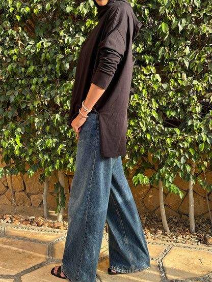 One size basic cotton hoodie Top in Black