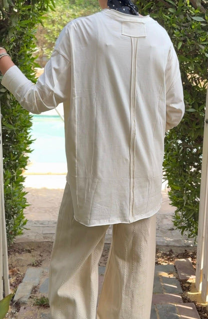 One size round neck cotton top unfinished at the back in light beige