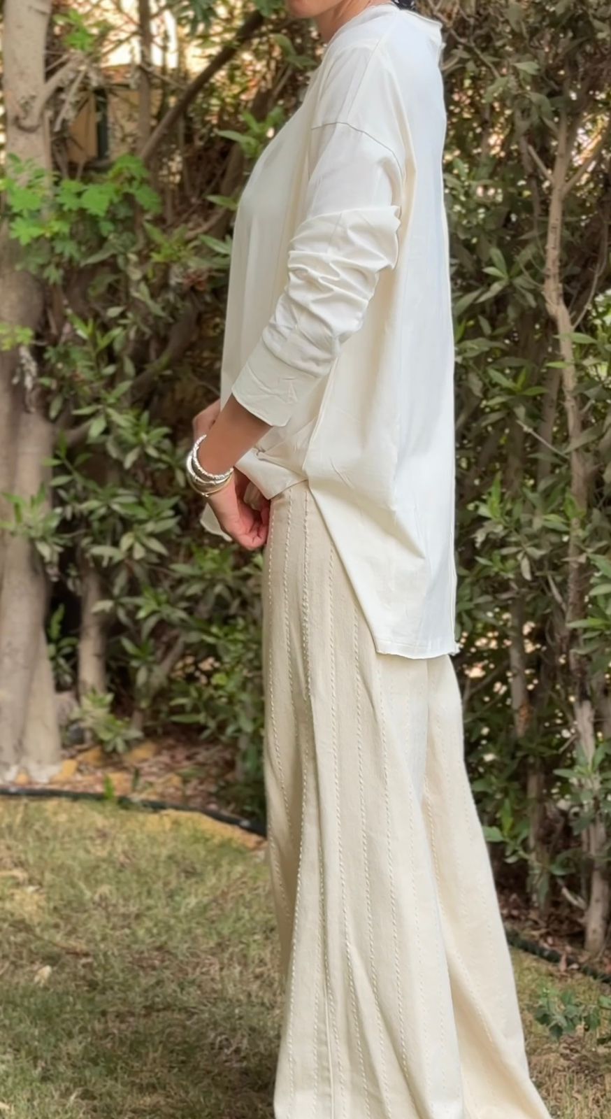 One size round neck cotton top unfinished at the back in light beige