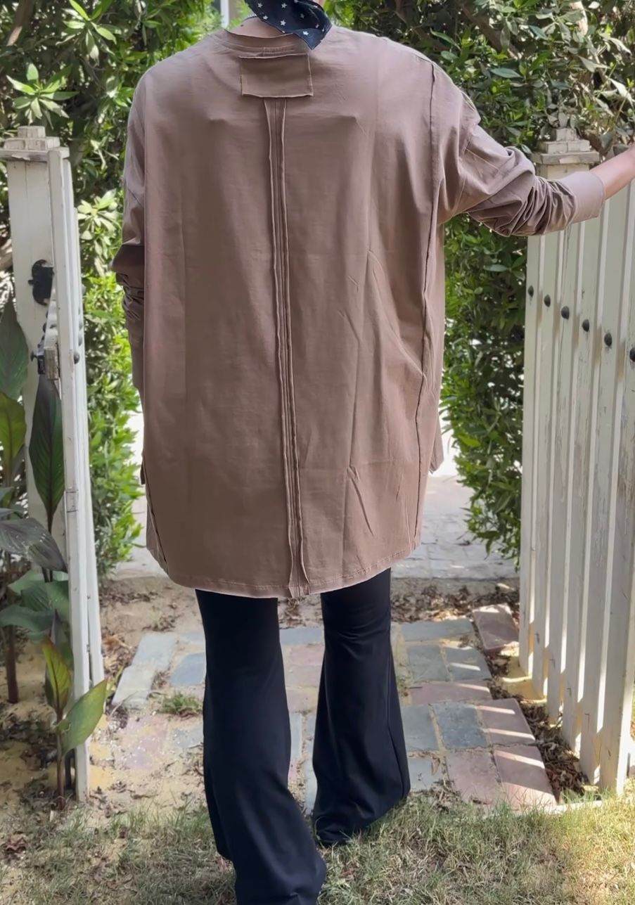 One size round neck cotton top unfinished at the back in Cafe