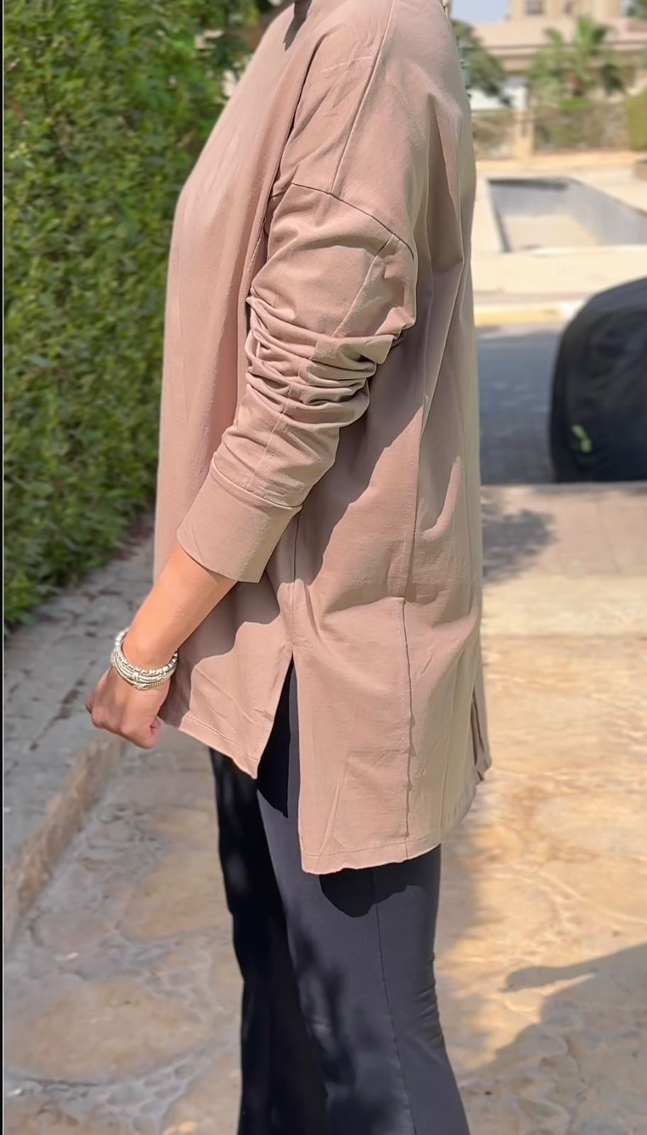 One size round neck cotton top unfinished at the back in Cafe