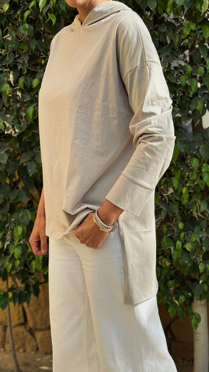 One size basic cotton hoodie Top in Beige
