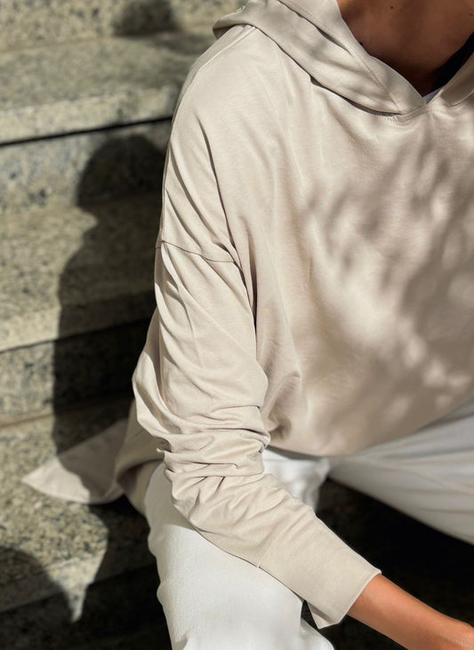 One size basic cotton hoodie Top in Beige