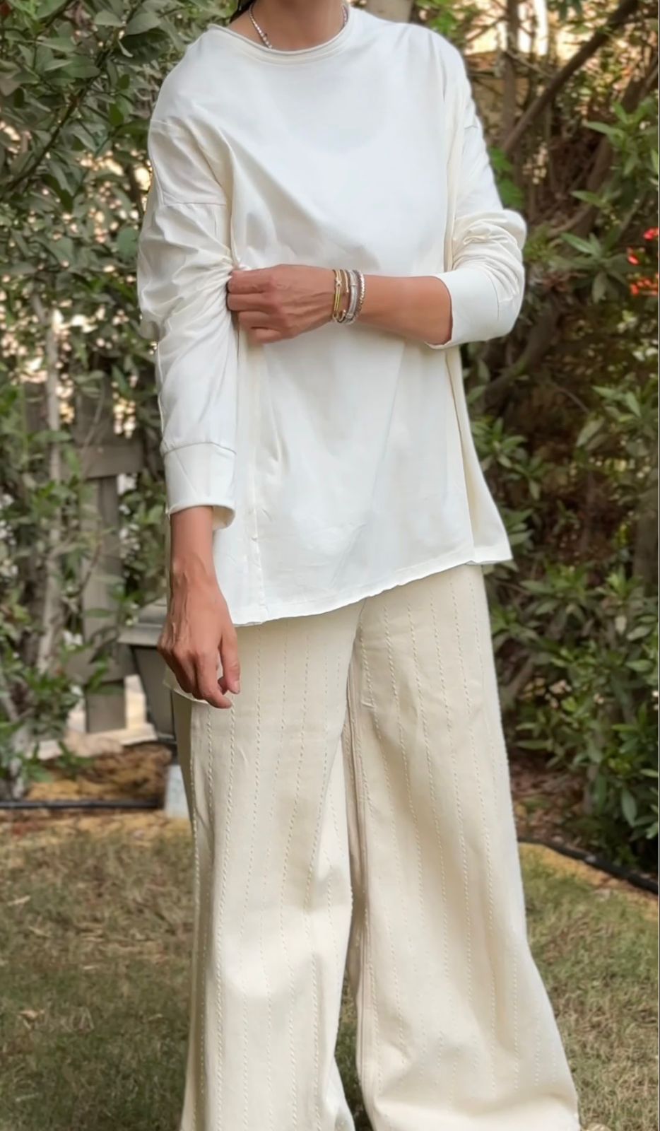 One size round neck cotton top unfinished at the back in light beige