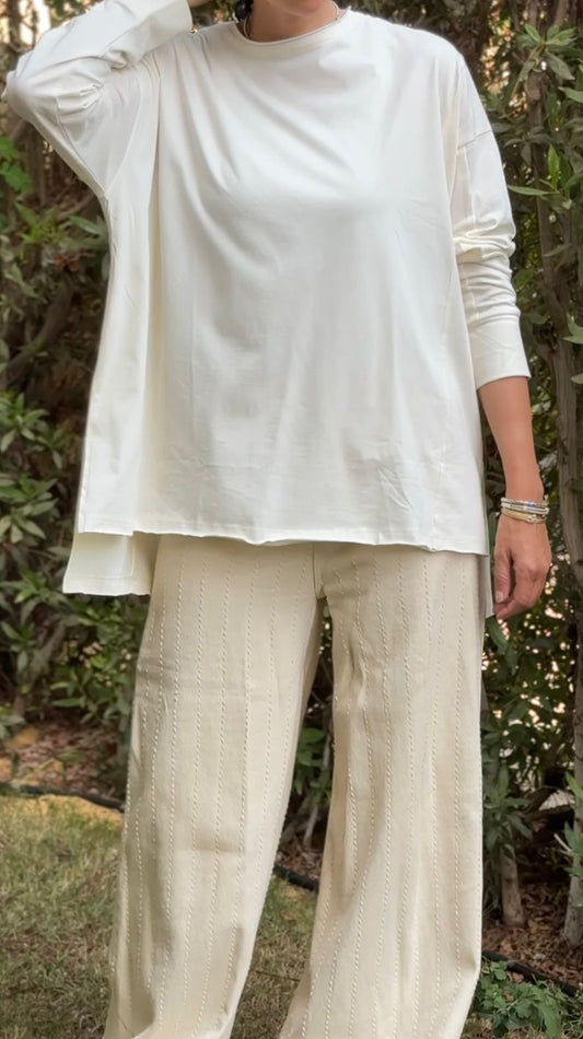 One size round neck cotton top unfinished at the back in light beige